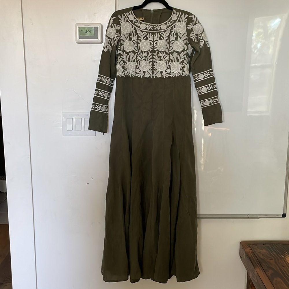 Olive Green Long Sleeve Embroidered Maxi Dress
